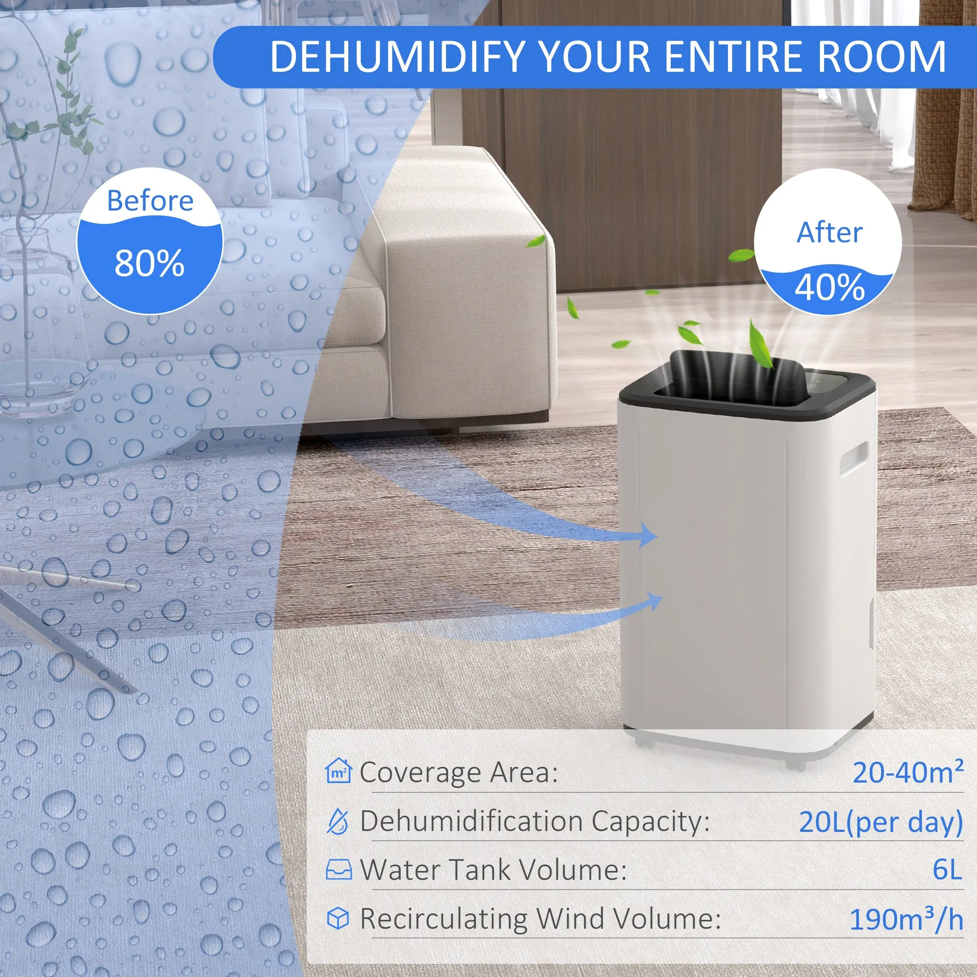 20L/Day 6L Dehumidifier, Portable Quiet Air Dehumidifier for Laundry