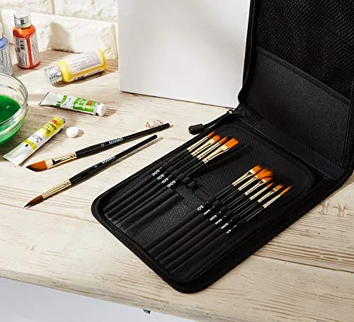 Amazon Brand - Solimo Paint Brushes for Acrylic and Water Colours, with Carry Case, 12 Piece Set