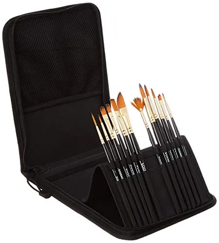 Amazon Brand - Solimo Paint Brushes for Acrylic and Water Colours, with Carry Case, 12 Piece Set