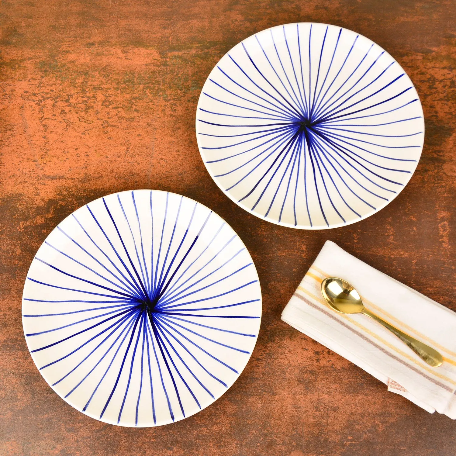 “Blue Kasa Line” Ceramic Striped Dinner Serving Plates (Set of 2, White and Blue)