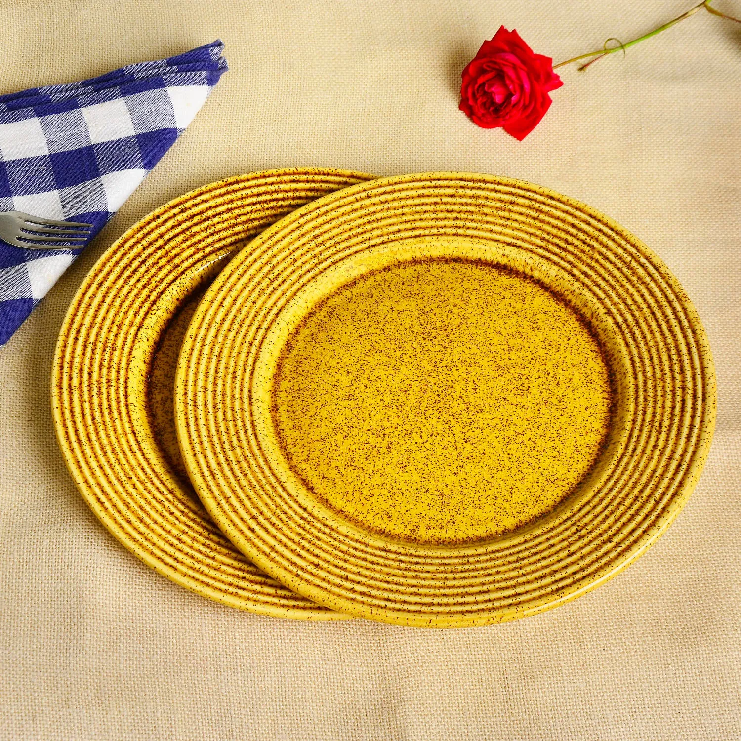 “California Spring Bloom” Studio Pottery Ceramic Dinner Serving Plates (Set of 2, Mustard Yellow , Diameter - 11 inches)