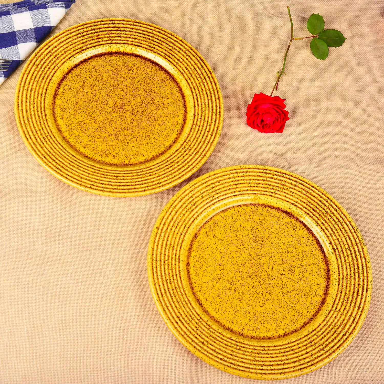 “California Spring Bloom” Studio Pottery Ceramic Dinner Serving Plates (Set of 2, Mustard Yellow , Diameter - 11 inches)