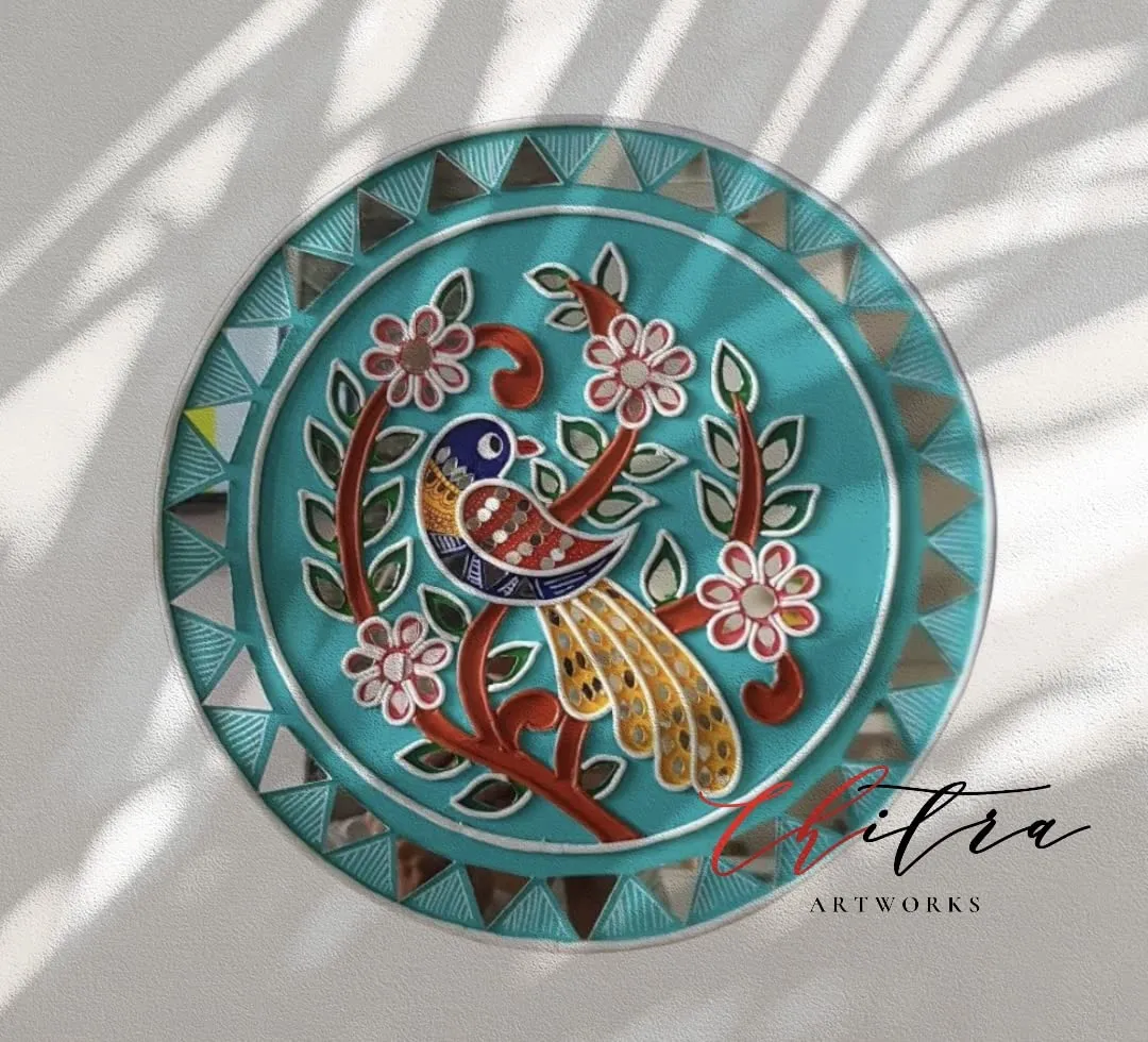 Chitra Artworks_Handmade Mud mirror Painting for Wall Decor (12 x 12 inches pack of 1) (Bird)