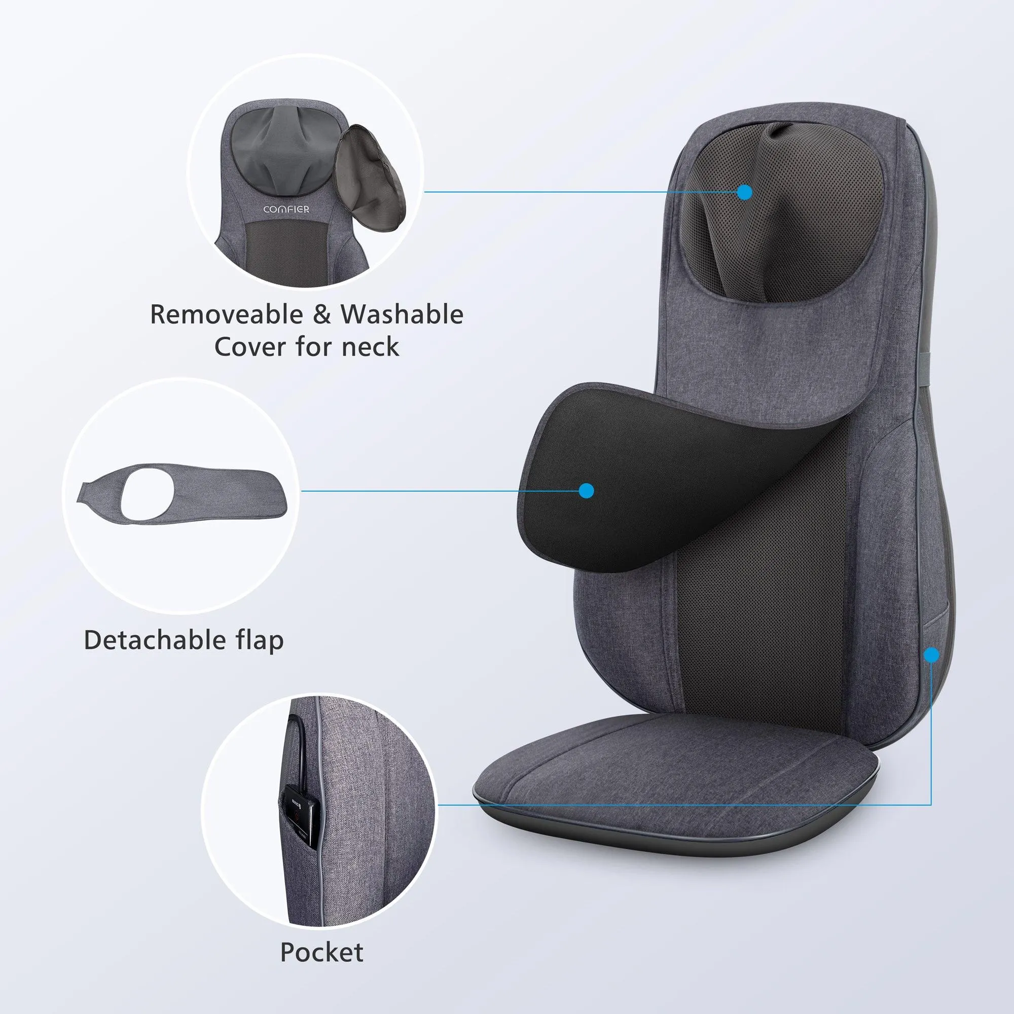 Comfier Shiatsu Neck Back Massage Seat Cushion with Heat,Adjustable Kneading Rolling Massage Chair - 2113