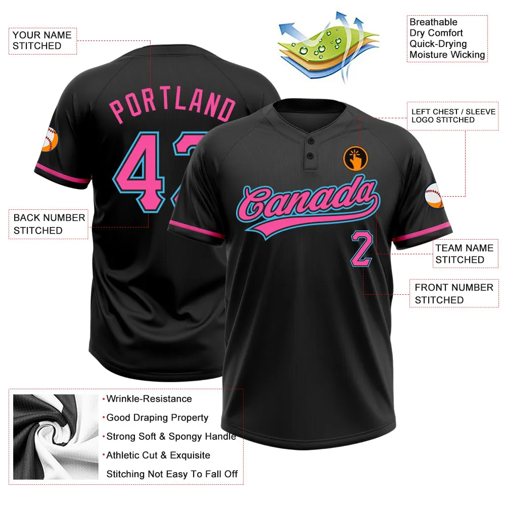 Custom Black Pink-Sky Blue Two-Button Unisex Softball Jersey