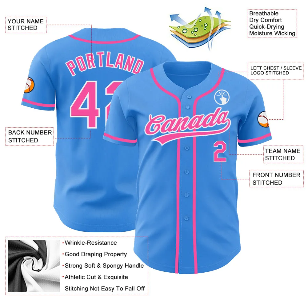 Custom Electric Blue Pink-White Authentic Baseball Jersey