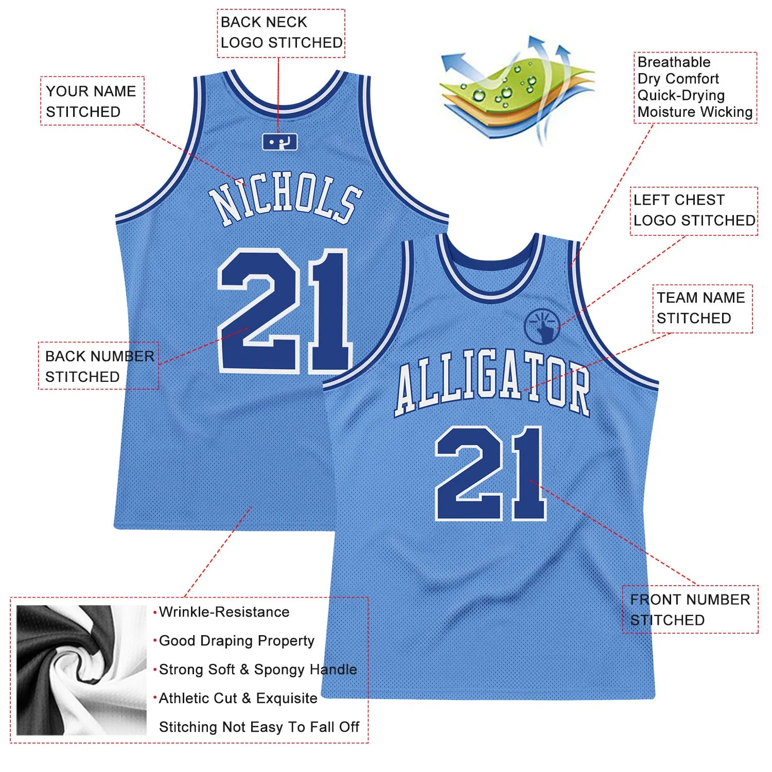 Custom Light Blue Royal-White Authentic Throwback Basketball Jersey