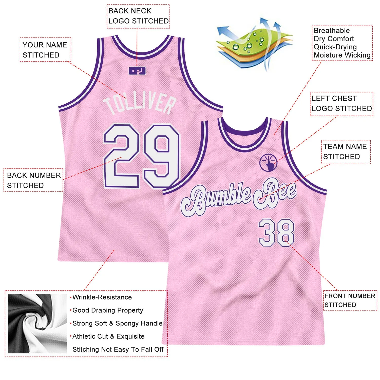 Custom Light Pink White-Purple Authentic Throwback Basketball Jersey