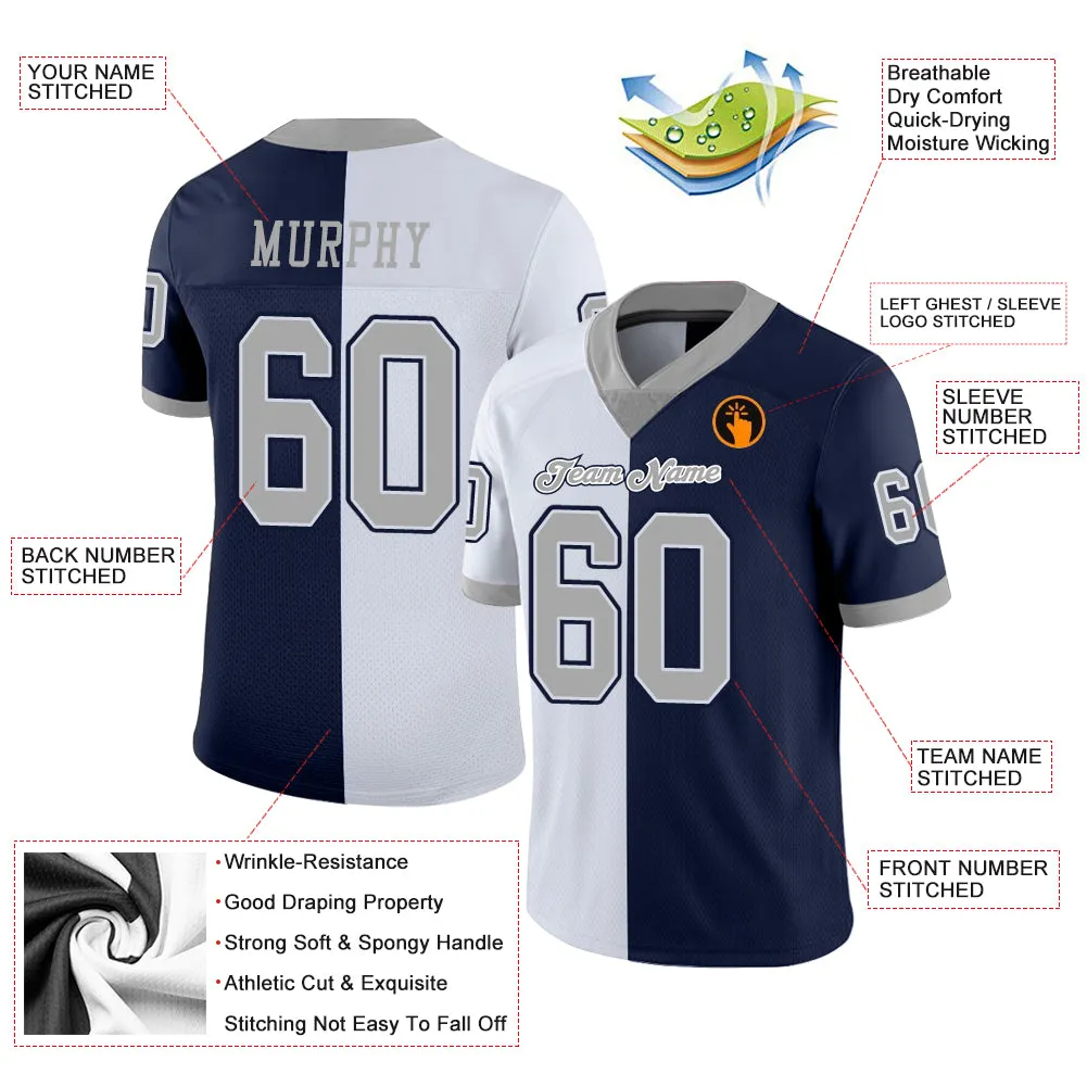 Custom Navy Gray-White Mesh Split Fashion Football Jersey