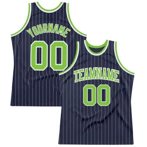 Custom Navy White Pinstripe Neon Green Authentic Basketball Jersey