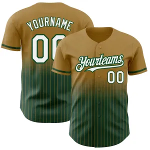 Custom Old Gold Pinstripe White-Green Authentic Fade Fashion Baseball Jersey