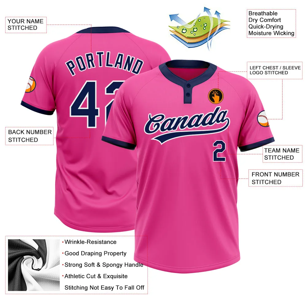 Custom Pink Navy-White Two-Button Unisex Softball Jersey