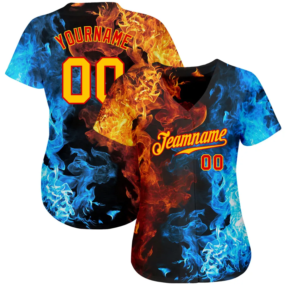 Custom Red Gold 3D Pattern Design Flame Authentic Baseball Jersey