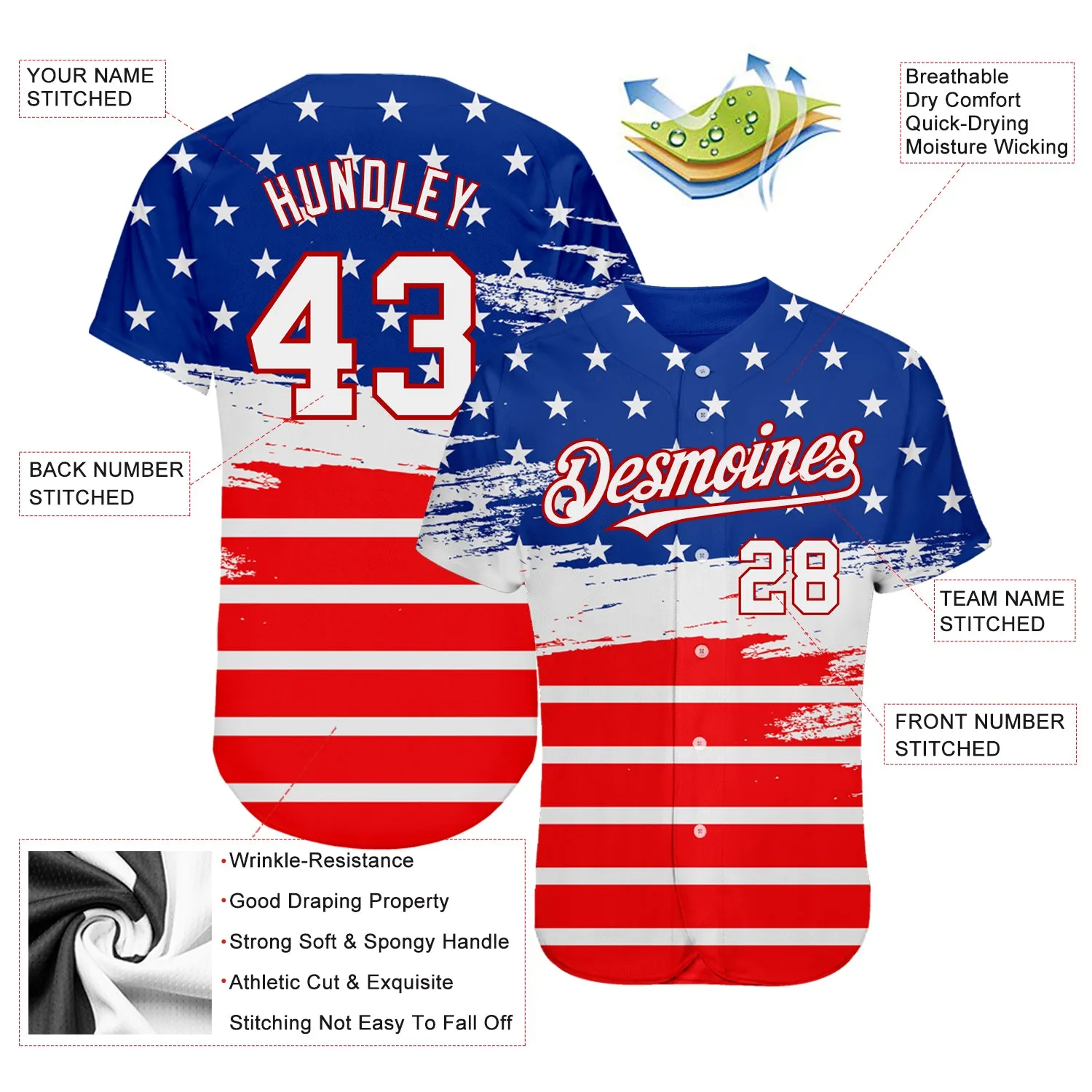 Custom Royal White-Red 3D American Flag Fashion Authentic Baseball Jersey