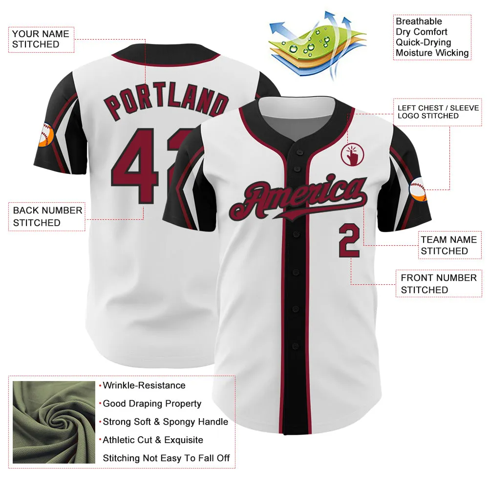 Custom White Crimson-Black 3 Colors Arm Shapes Authentic Baseball Jersey