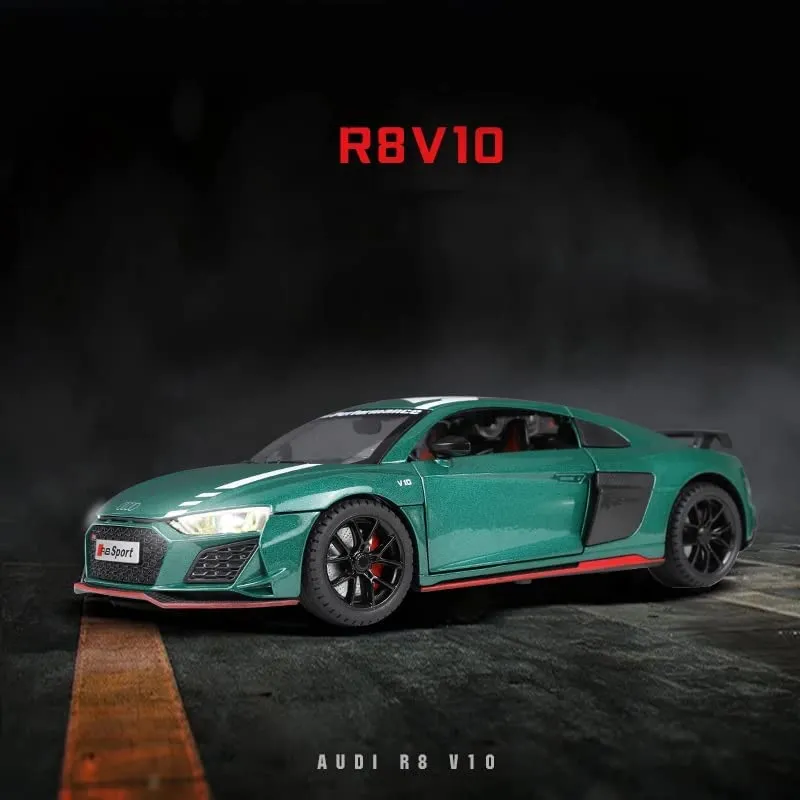 EXCLUSIVE 1:24 AUDI R8 V10 ALLOY METAL PULLBACK TOY CAR FEATURES OPENABLE DOORS AND A LIGHT, MAKING IT A GREAT GIFT FOR MUSIC LOVERS AND A FUN TOY FOR KIDS [COLOR AS PER STCOK]