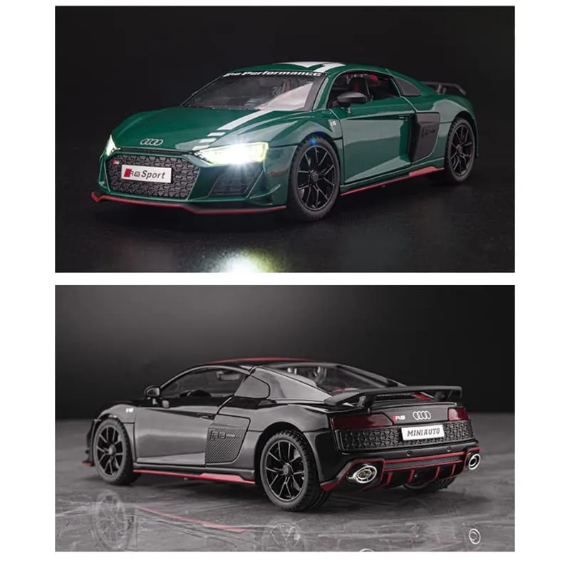 EXCLUSIVE 1:24 AUDI R8 V10 ALLOY METAL PULLBACK TOY CAR FEATURES OPENABLE DOORS AND A LIGHT, MAKING IT A GREAT GIFT FOR MUSIC LOVERS AND A FUN TOY FOR KIDS [COLOR AS PER STCOK]