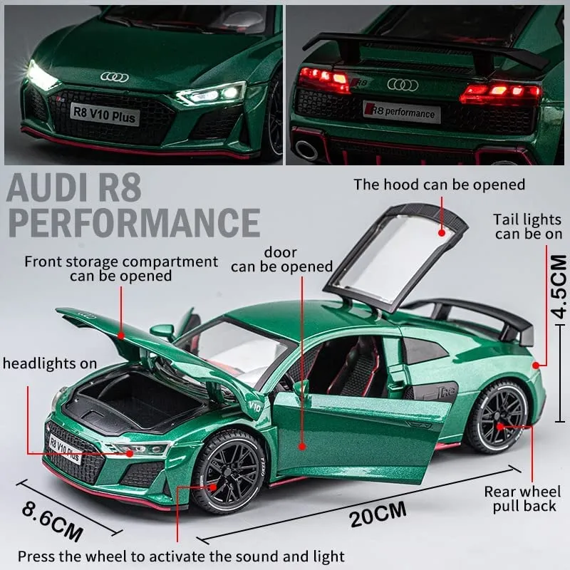 EXCLUSIVE 1:24 AUDI R8 V10 ALLOY METAL PULLBACK TOY CAR FEATURES OPENABLE DOORS AND A LIGHT, MAKING IT A GREAT GIFT FOR MUSIC LOVERS AND A FUN TOY FOR KIDS [COLOR AS PER STCOK]