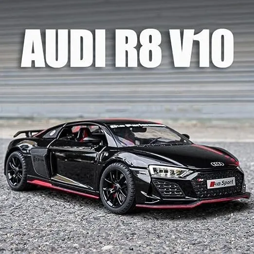 EXCLUSIVE 1:24 AUDI R8 V10 ALLOY METAL PULLBACK TOY CAR FEATURES OPENABLE DOORS AND A LIGHT, MAKING IT A GREAT GIFT FOR MUSIC LOVERS AND A FUN TOY FOR KIDS [COLOR AS PER STCOK]