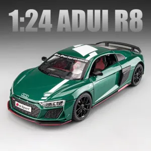 EXCLUSIVE 1:24 AUDI R8 V10 ALLOY METAL PULLBACK TOY CAR FEATURES OPENABLE DOORS AND A LIGHT, MAKING IT A GREAT GIFT FOR MUSIC LOVERS AND A FUN TOY FOR KIDS [COLOR AS PER STCOK]