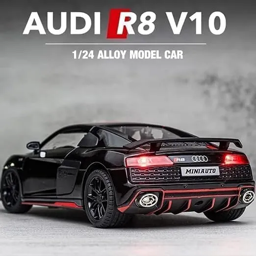 EXCLUSIVE 1:24 AUDI R8 V10 ALLOY METAL PULLBACK TOY CAR FEATURES OPENABLE DOORS AND A LIGHT, MAKING IT A GREAT GIFT FOR MUSIC LOVERS AND A FUN TOY FOR KIDS [COLOR AS PER STCOK]