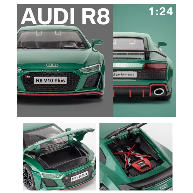 EXCLUSIVE 1:24 AUDI R8 V10 ALLOY METAL PULLBACK TOY CAR FEATURES OPENABLE DOORS AND A LIGHT, MAKING IT A GREAT GIFT FOR MUSIC LOVERS AND A FUN TOY FOR KIDS [COLOR AS PER STCOK]