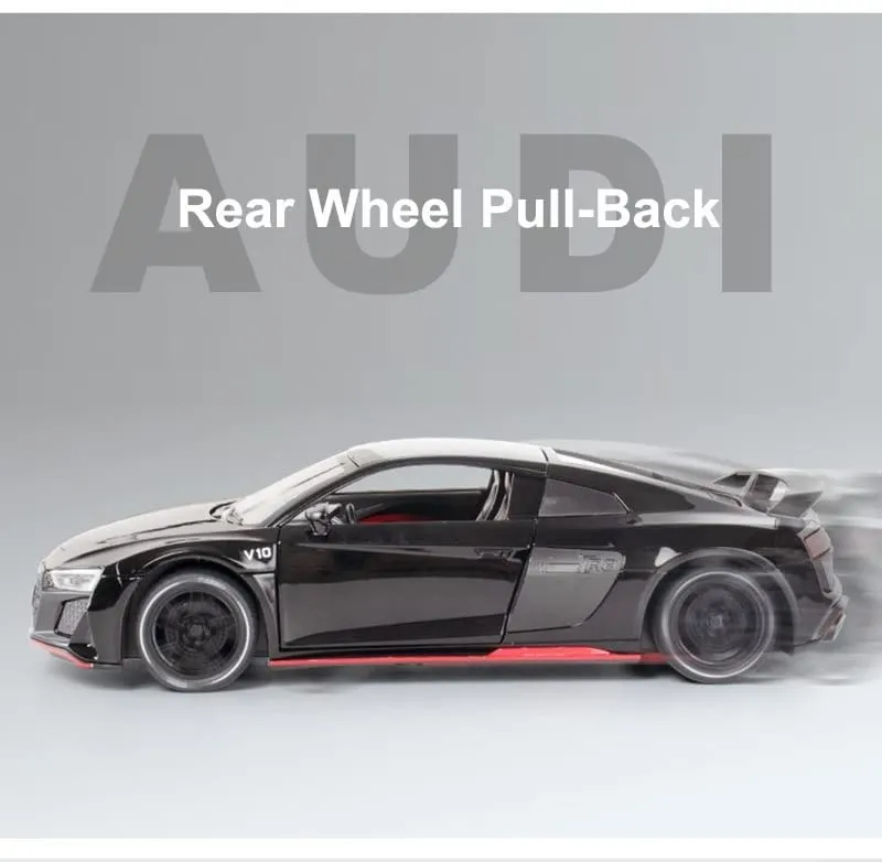 EXCLUSIVE 1:24 AUDI R8 V10 ALLOY METAL PULLBACK TOY CAR FEATURES OPENABLE DOORS AND A LIGHT, MAKING IT A GREAT GIFT FOR MUSIC LOVERS AND A FUN TOY FOR KIDS [COLOR AS PER STCOK]