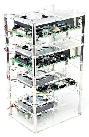 Four (4) Layer Stackable Clear Acrylic Raspberry Pi Case with Fans and Heatsinks