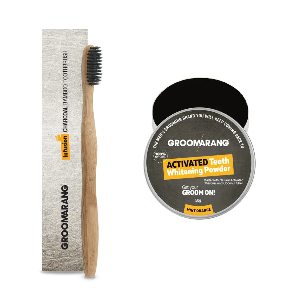 Groomarang Activated Teeth Whitening Charcoal Powder, Bamboo Toothbrush & Miswak Twin Pack