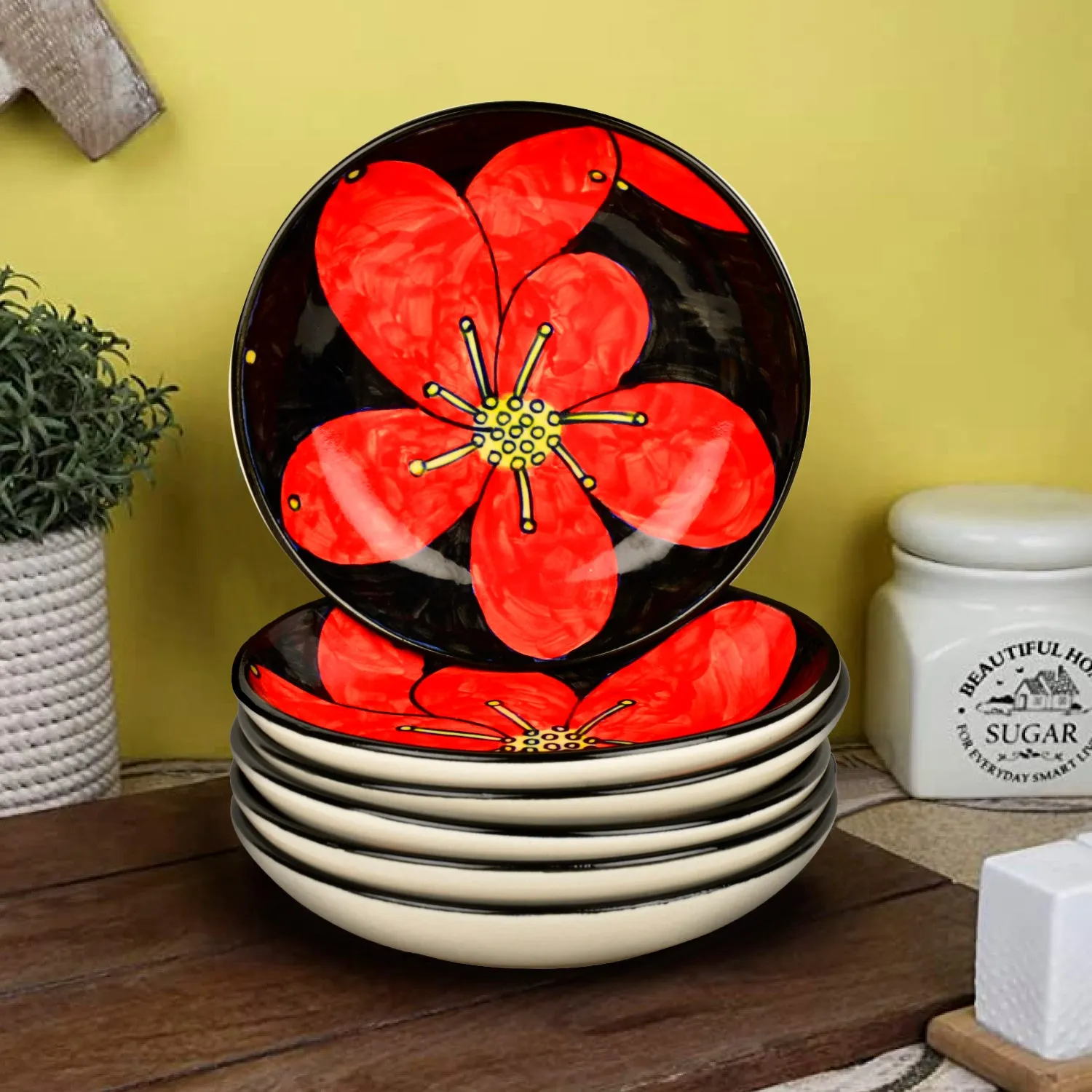 Handpainted Ceramic Floral Round Pasta Serving Plates (Set of 6, 8.5 inches , Red & Black)