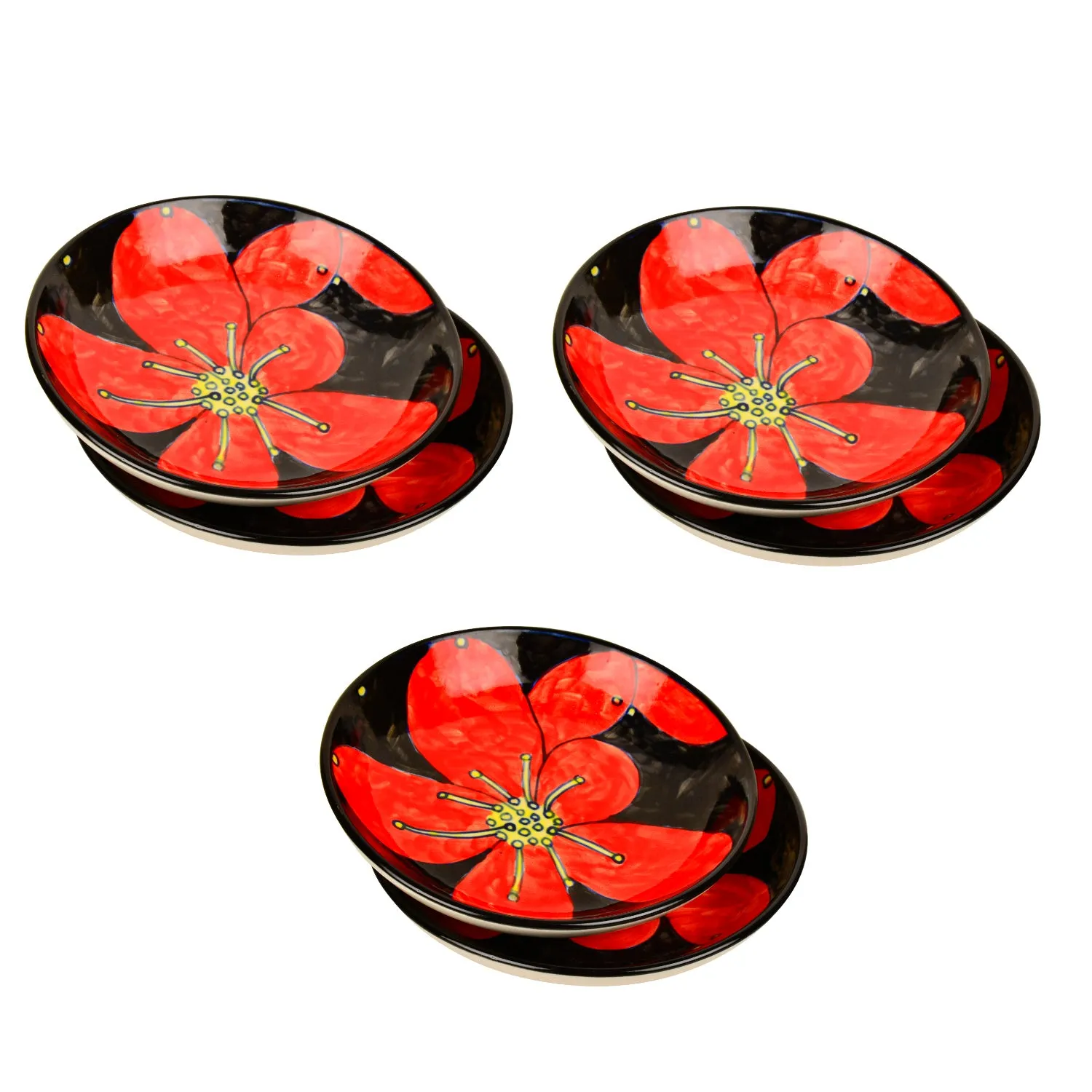 Handpainted Ceramic Floral Round Pasta Serving Plates (Set of 6, 8.5 inches , Red & Black)