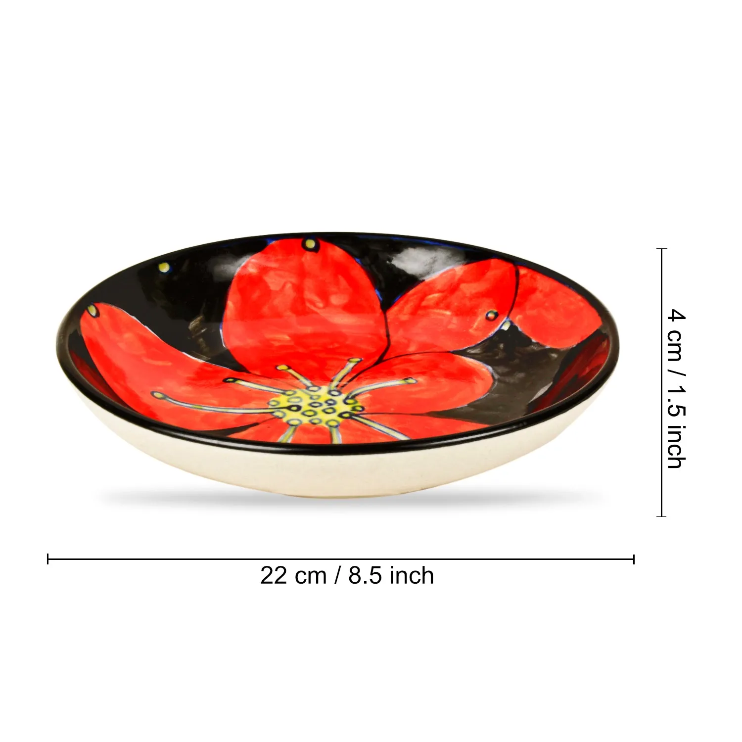 Handpainted Ceramic Floral Round Pasta Serving Plates (Set of 6, 8.5 inches , Red & Black)