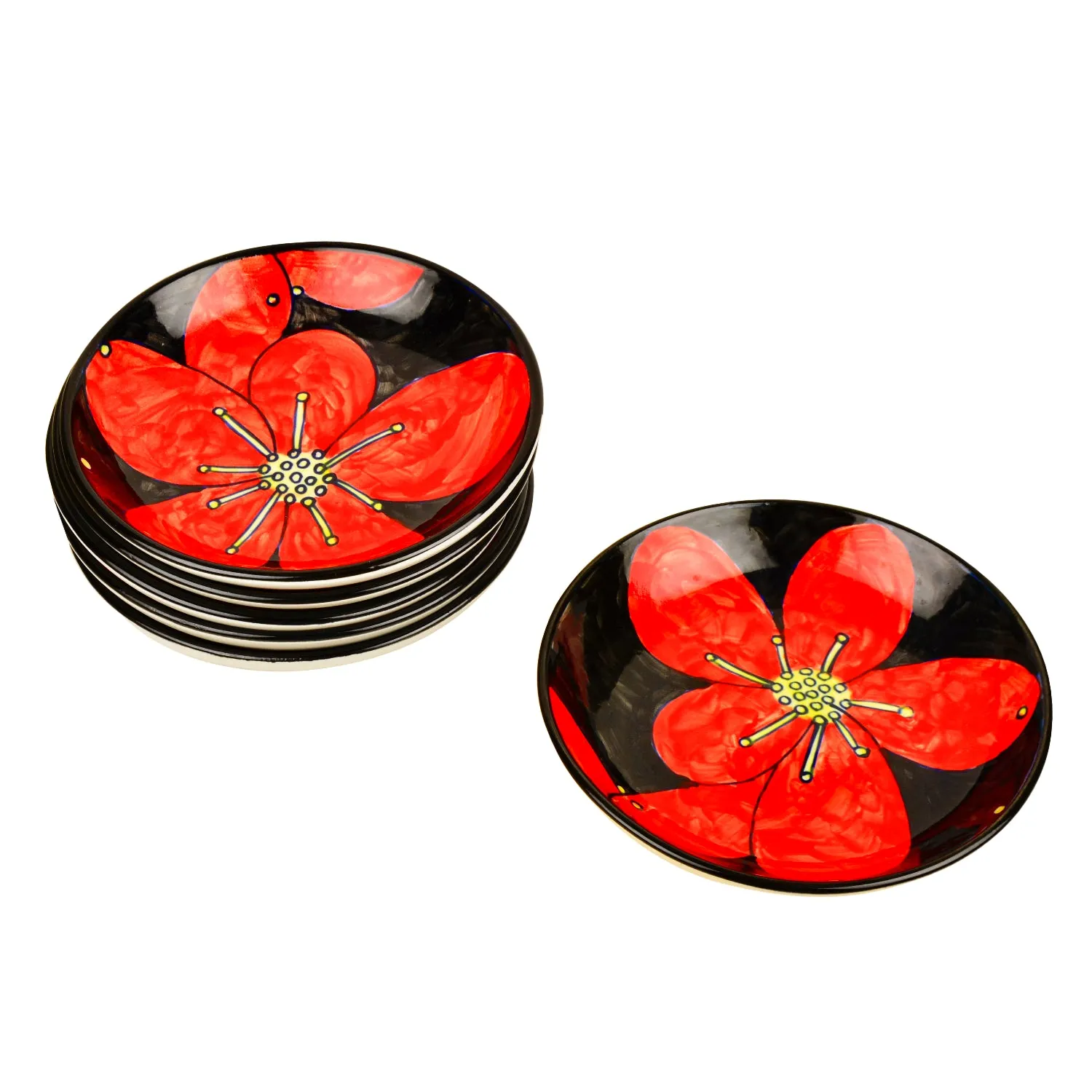 Handpainted Ceramic Floral Round Pasta Serving Plates (Set of 6, 8.5 inches , Red & Black)