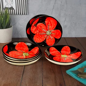 Handpainted Ceramic Floral Round Pasta Serving Plates (Set of 6, 8.5 inches , Red & Black)