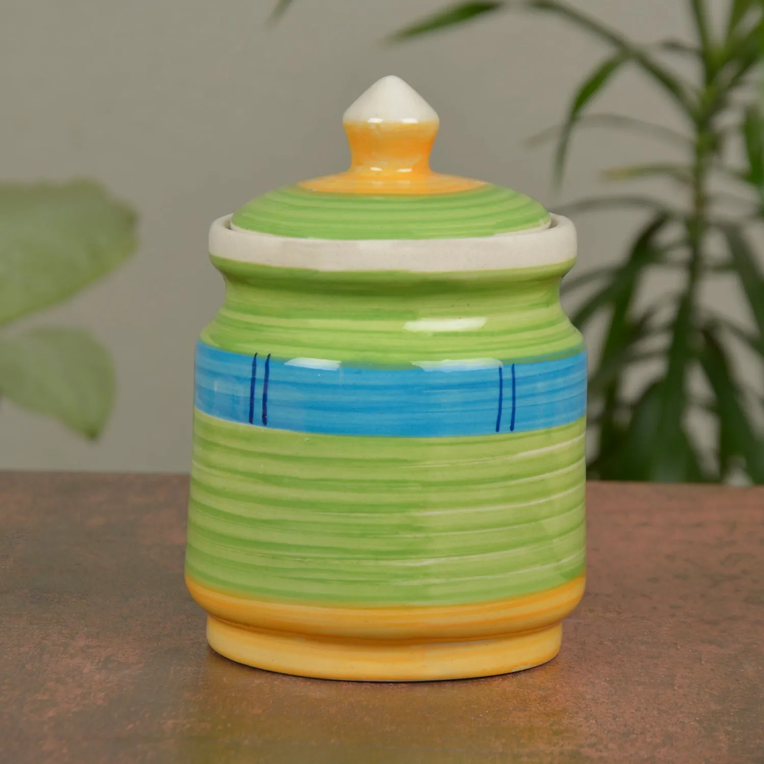 Handpainted Ceramic Jar Set with Lid (Set of 2, 500 ml, Green and Blue)