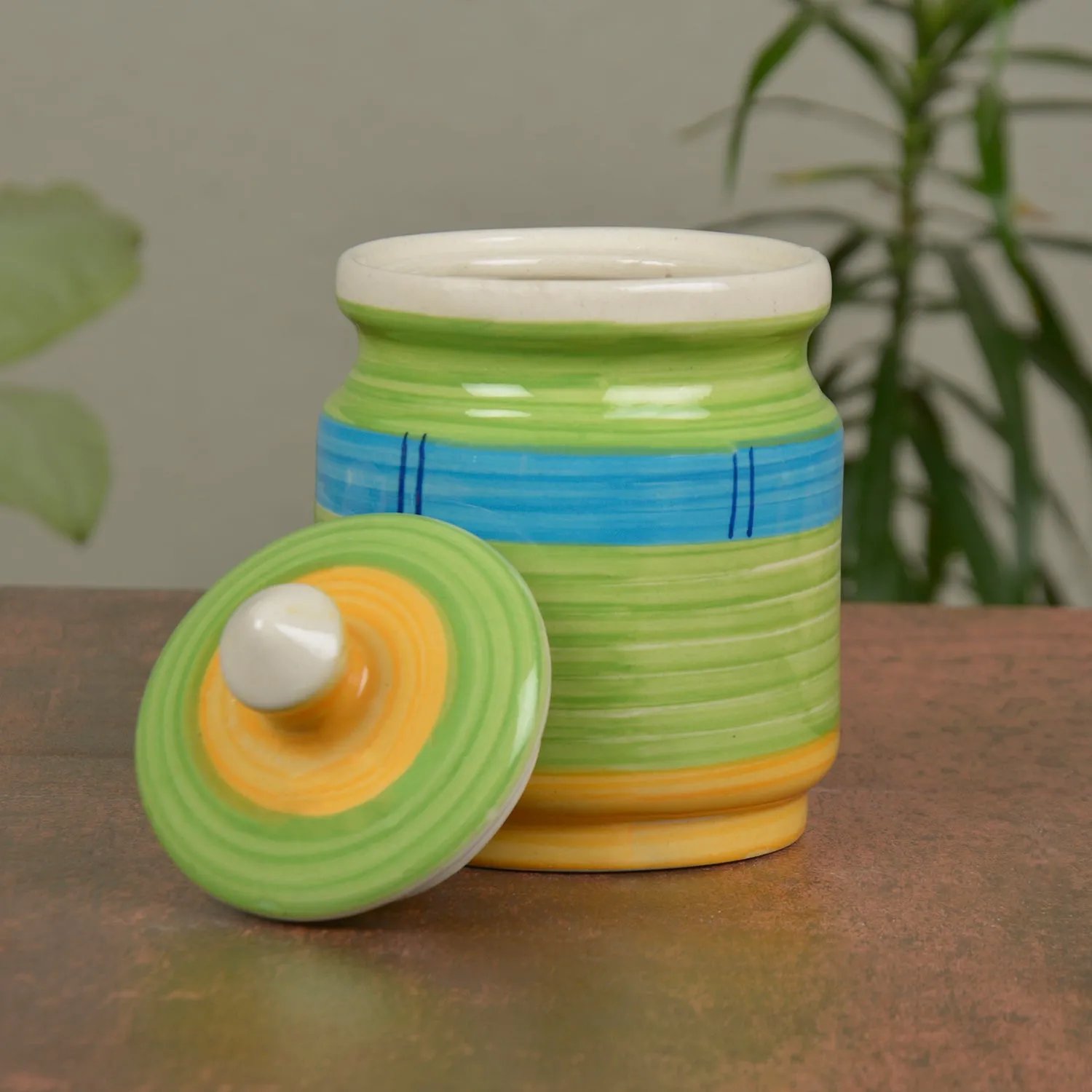 Handpainted Ceramic Jar Set with Lid (Set of 2, 500 ml, Green and Blue)