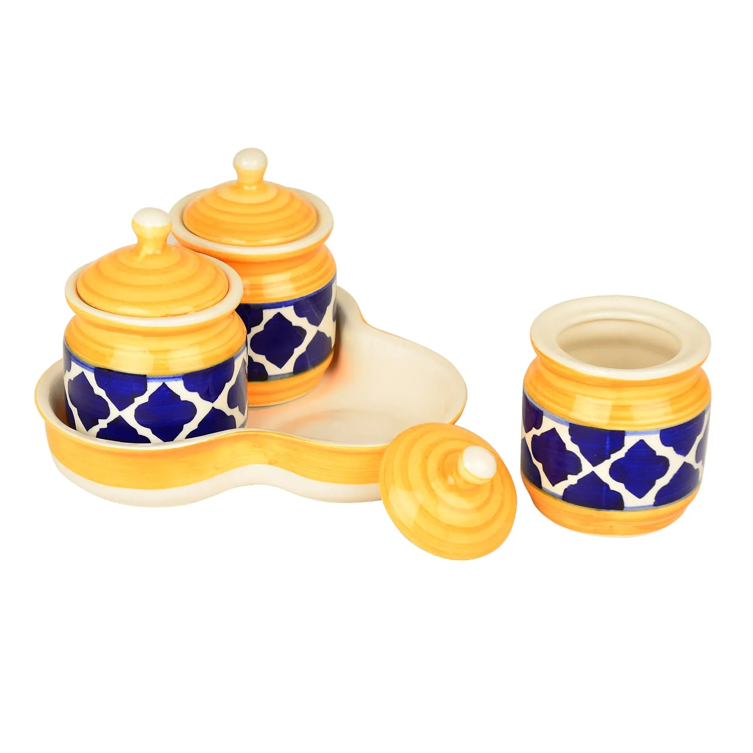 Handpainted Ceramic Pickle Jar Set with Tray (Set of 3, Blue and Yellow , 200 ml each)