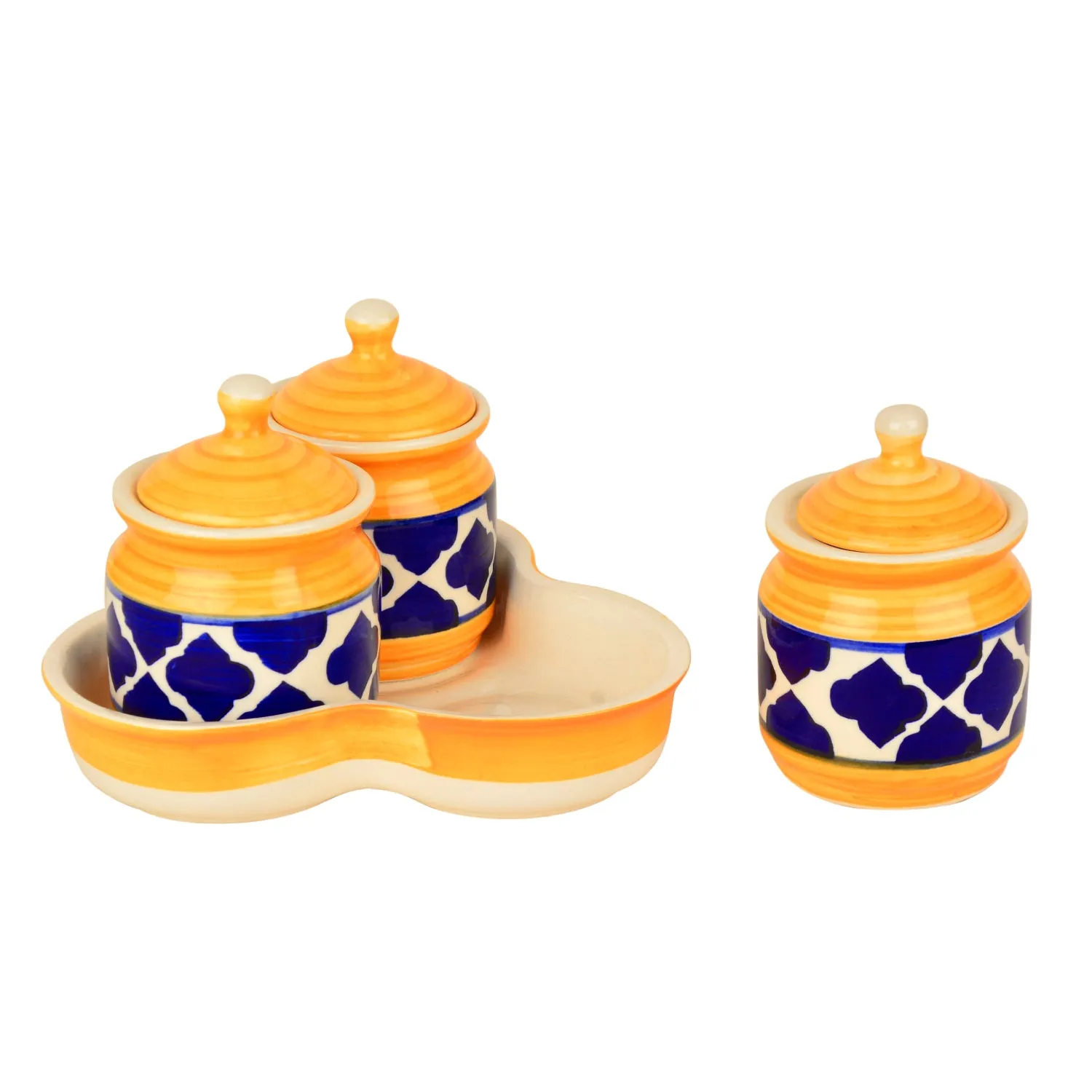 Handpainted Ceramic Pickle Jar Set with Tray (Set of 3, Blue and Yellow , 200 ml each)