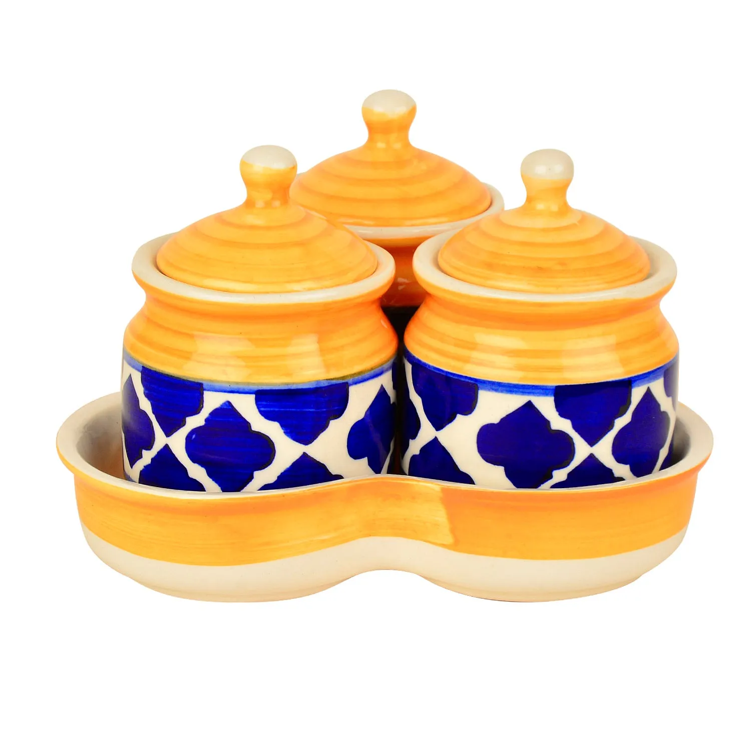 Handpainted Ceramic Pickle Jar Set with Tray (Set of 3, Blue and Yellow , 200 ml each)