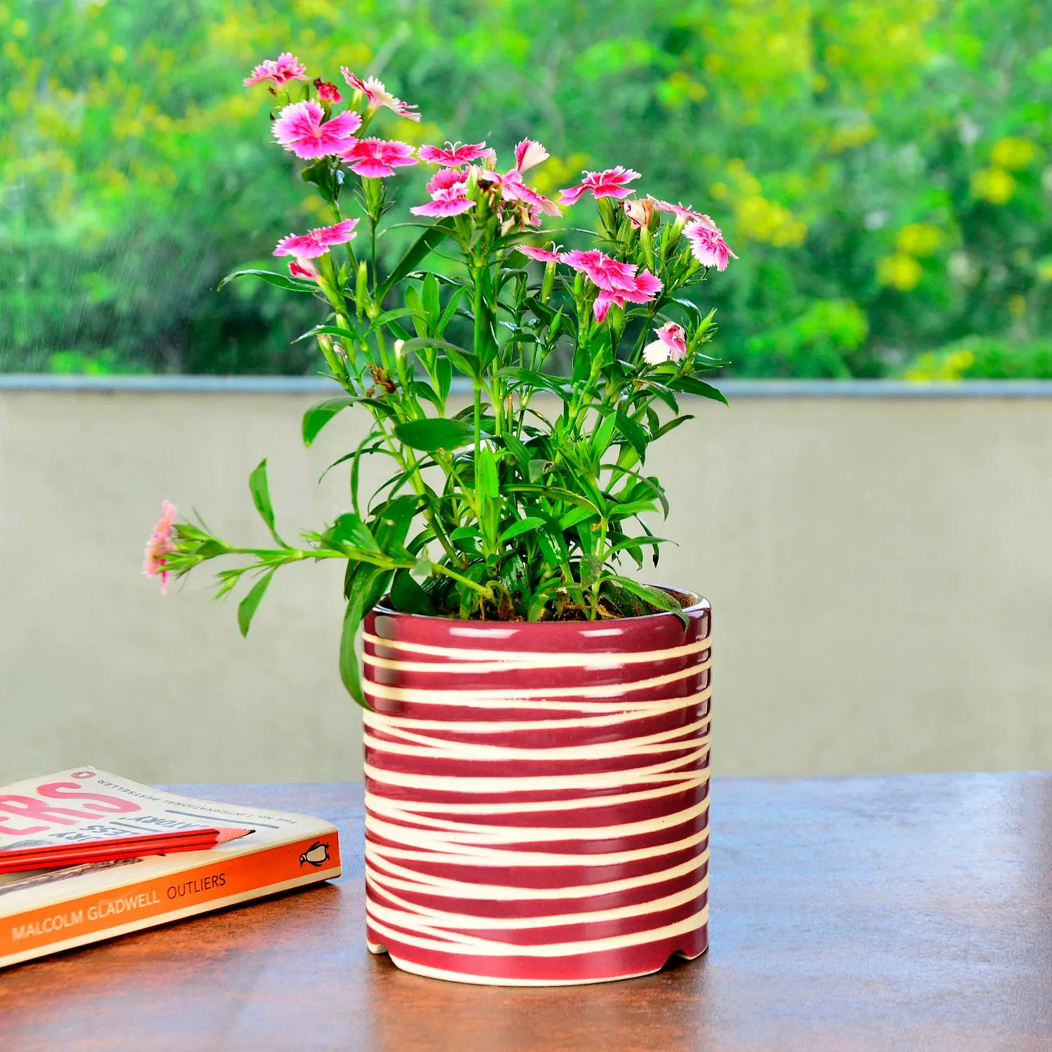 Handpainted Ceramic Striped Planter Pot (Purple, Diameter – 11 cm, Height – 11 cm)