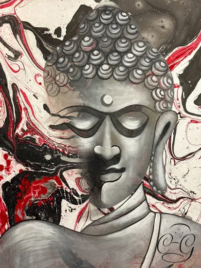 Inhaling Buddha Head Red Black Grey On White Acrylic On Canvas Picture