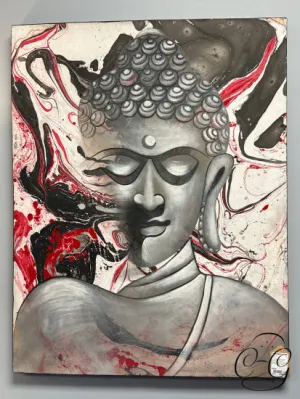 Inhaling Buddha Head Red Black Grey On White Acrylic On Canvas Picture