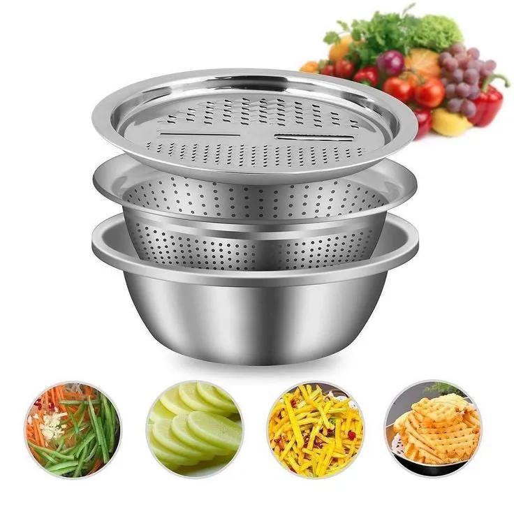 PREMIUM 3 PIECES STEEL COLANDER KITCHEN SLICER GRATER SET