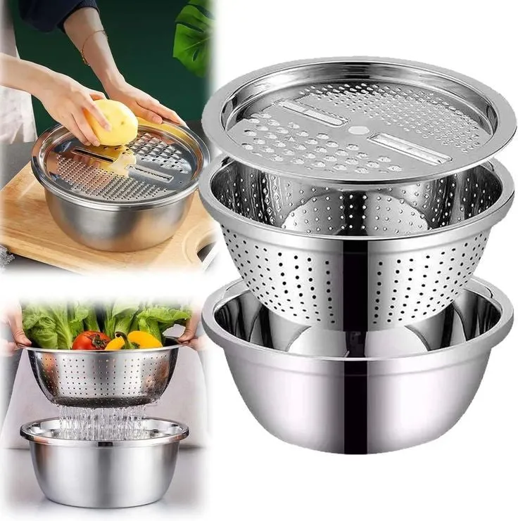 PREMIUM 3 PIECES STEEL COLANDER KITCHEN SLICER GRATER SET