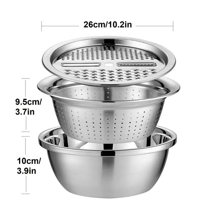 PREMIUM 3 PIECES STEEL COLANDER KITCHEN SLICER GRATER SET