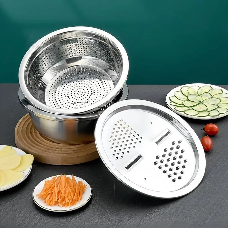 PREMIUM 3 PIECES STEEL COLANDER KITCHEN SLICER GRATER SET