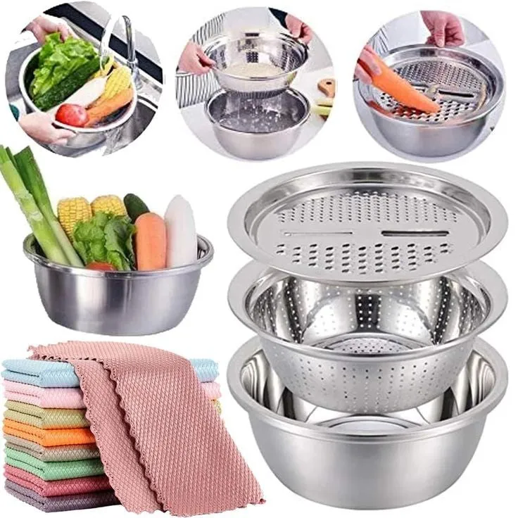 PREMIUM 3 PIECES STEEL COLANDER KITCHEN SLICER GRATER SET