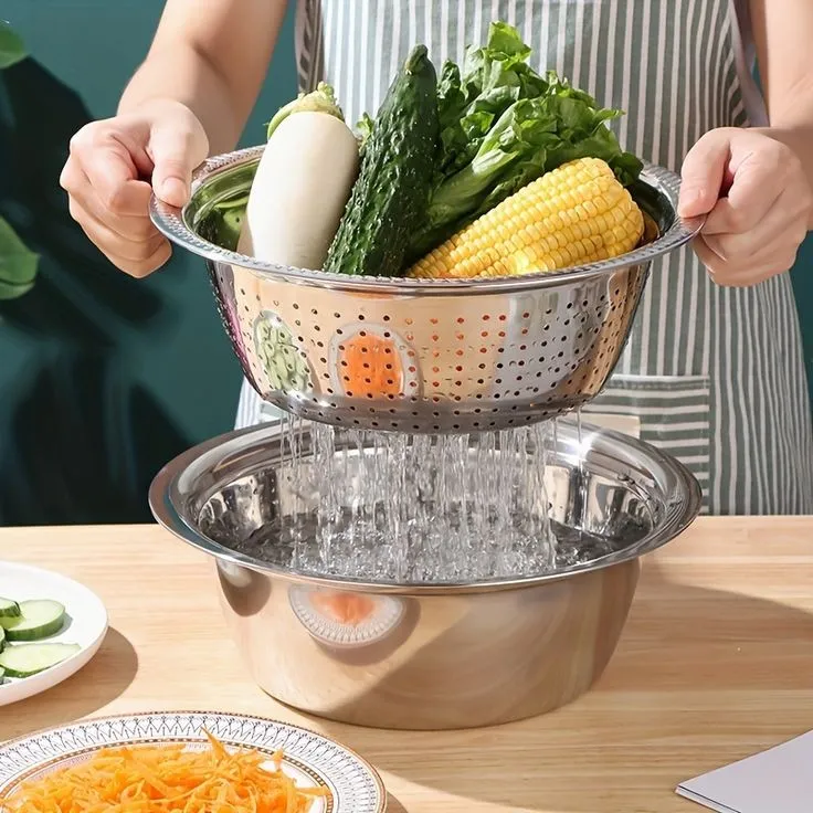 PREMIUM 3 PIECES STEEL COLANDER KITCHEN SLICER GRATER SET