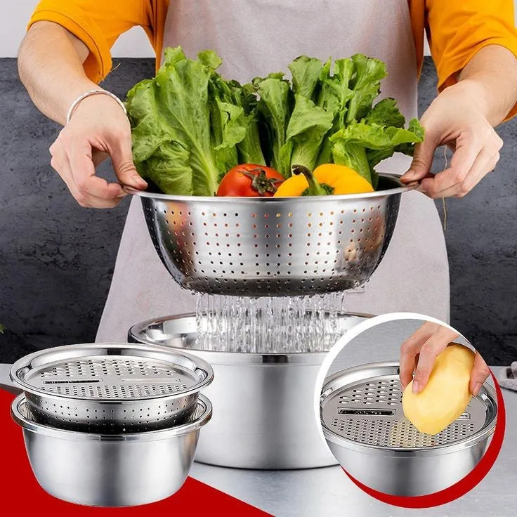 PREMIUM 3 PIECES STEEL COLANDER KITCHEN SLICER GRATER SET