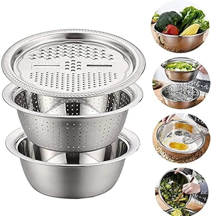 PREMIUM 3 PIECES STEEL COLANDER KITCHEN SLICER GRATER SET